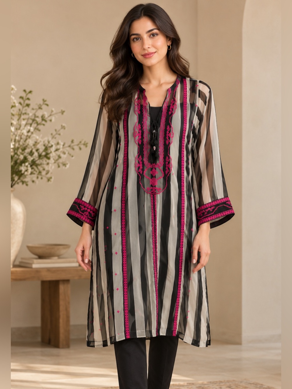 ETHNC Sheer Striped Kurta Tunic Black Ivory Pink Embroidered Size M